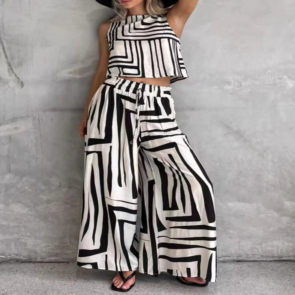 Geometric Print Sleeveless Top and Wide Leg Pants Set - White