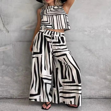 Geometric Print Sleeveless Top and Wide Leg Pants Set - White
