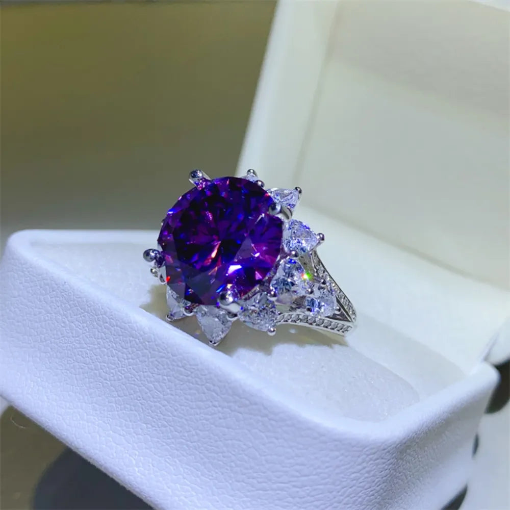 10 Carat Moissanite 925 Sterling Silver Flower Shape Ring - Deep Purple