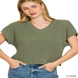 Zenana Textured Knit V-Neck Cropped Sweater - LT OLIVE