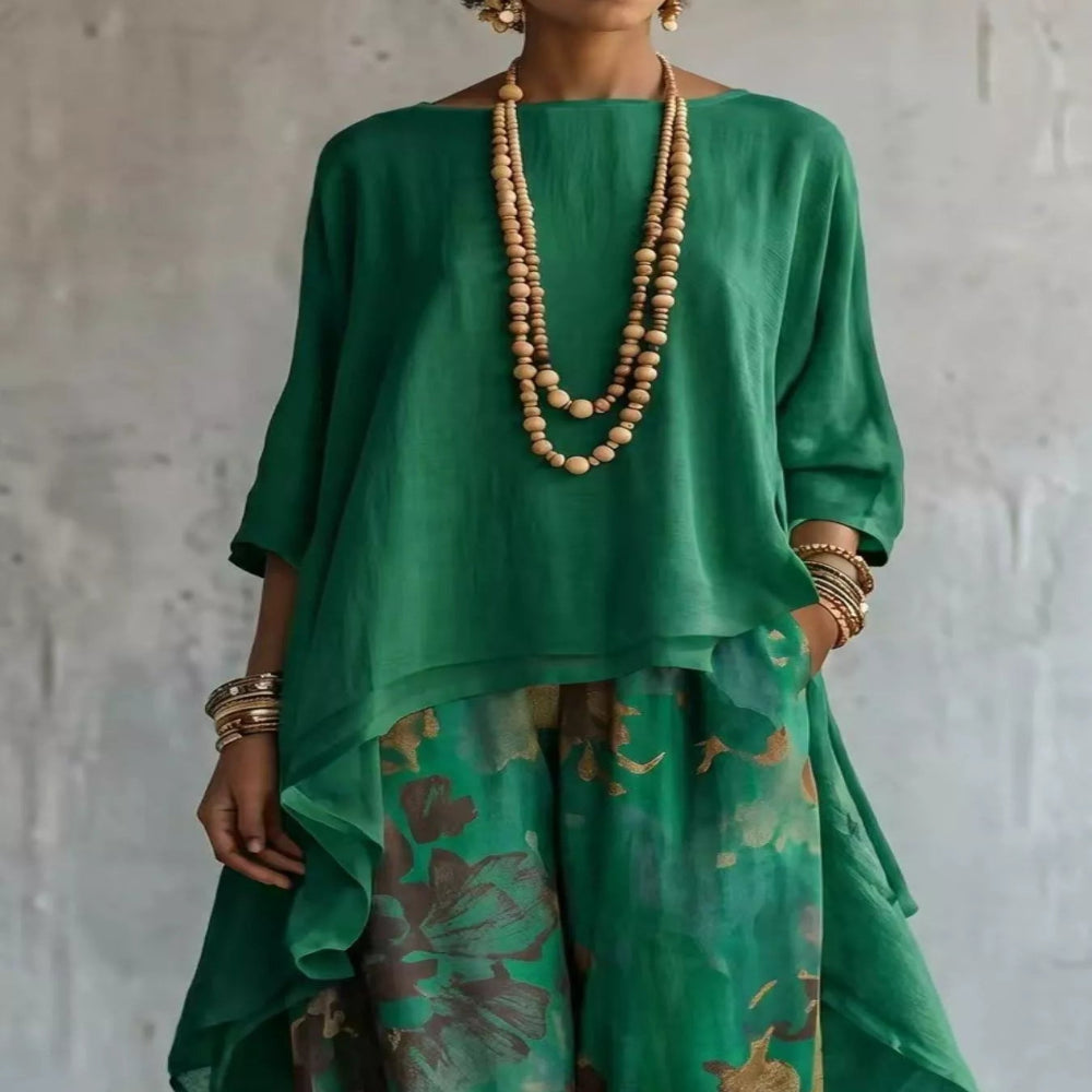 Asymmetrical Hem Top and Floral Pants Set - White