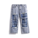 Men's Distressed Patchwork Jeans - Light Blue
