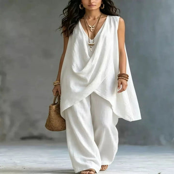 Sleeveless Asymmetrical Top and Wide-Leg Pants Set - White