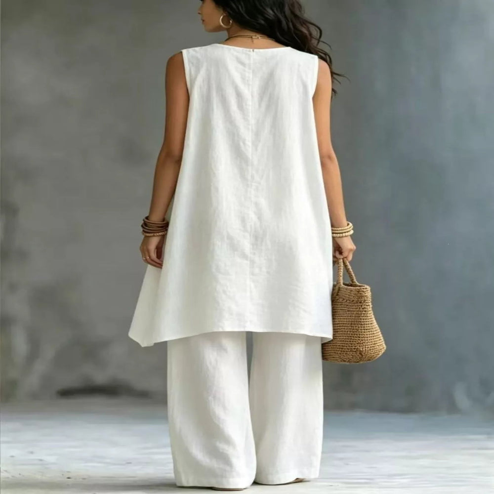 Sleeveless Asymmetrical Top and Wide-Leg Pants Set - White