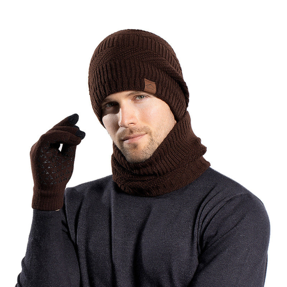 Winter fleece-lined knit hat, matching scarf, and gloves three-piece set in khaki for cold weather.