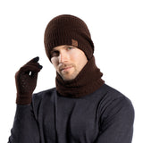 Winter fleece-lined knit hat, matching scarf, and gloves three-piece set in khaki for cold weather.