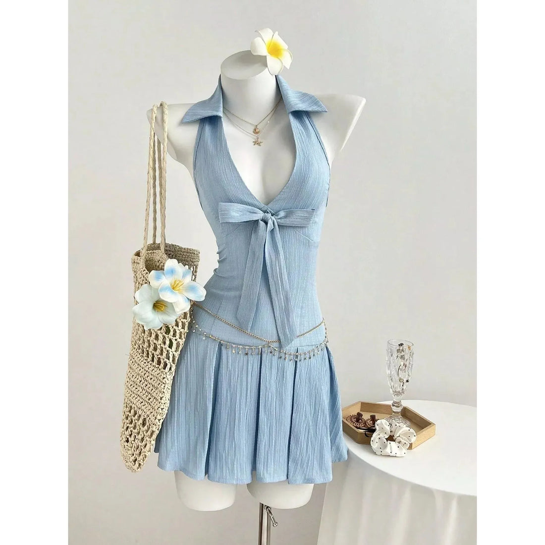 Halter Neck Bow Tie Pleated Mini Dress - Light Blue