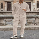 Men's Full Size Button Up Long Sleeve Shirt and Pants Set Plus Size - Khaki