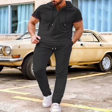 Men's Full Size Casual Short-Sleeve Hoodie and Pants Set Plus Size - Black