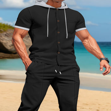 Men's Full Size Short-Sleeve Hooded Top and Shorts Set Plus Size - Black