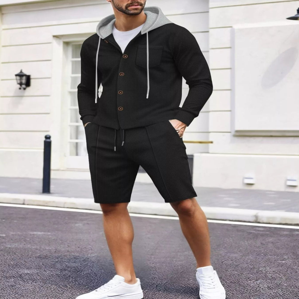 Men's Full Size Casual Hooded Button-Up Top and Shorts Set Plus Size - White