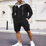 Men's Full Size Casual Hooded Button-Up Top and Shorts Set Plus Size - White