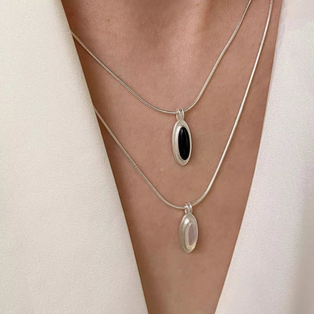 925 Sterling Silver Geometric Agate Pendant Necklace - White
