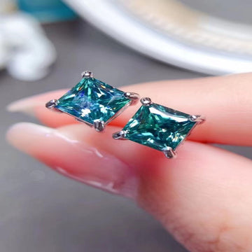 2 Carat Square Moissanite Four-Prong Earrings - Green