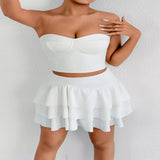 Tube Top and Ruffle Layered Skirt Set - White