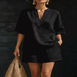 Full Size Notched Half Sleeve Top and Shorts Set Plus Size - White