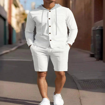 Men's Full Size Casual Hooded Button-Up Top and Shorts Set Plus Size - White