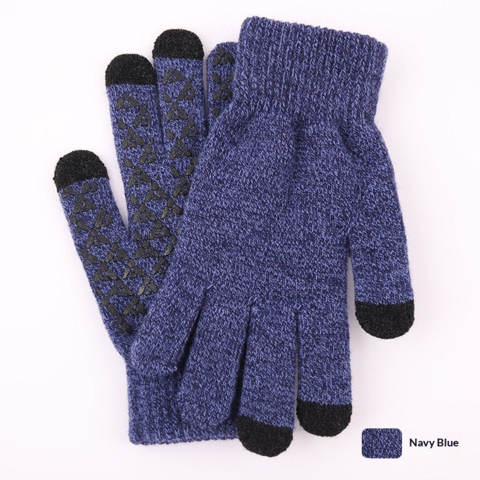 Knitted winter touchscreen wool gloves for men and women with warm soft fabric for cold-weather use.