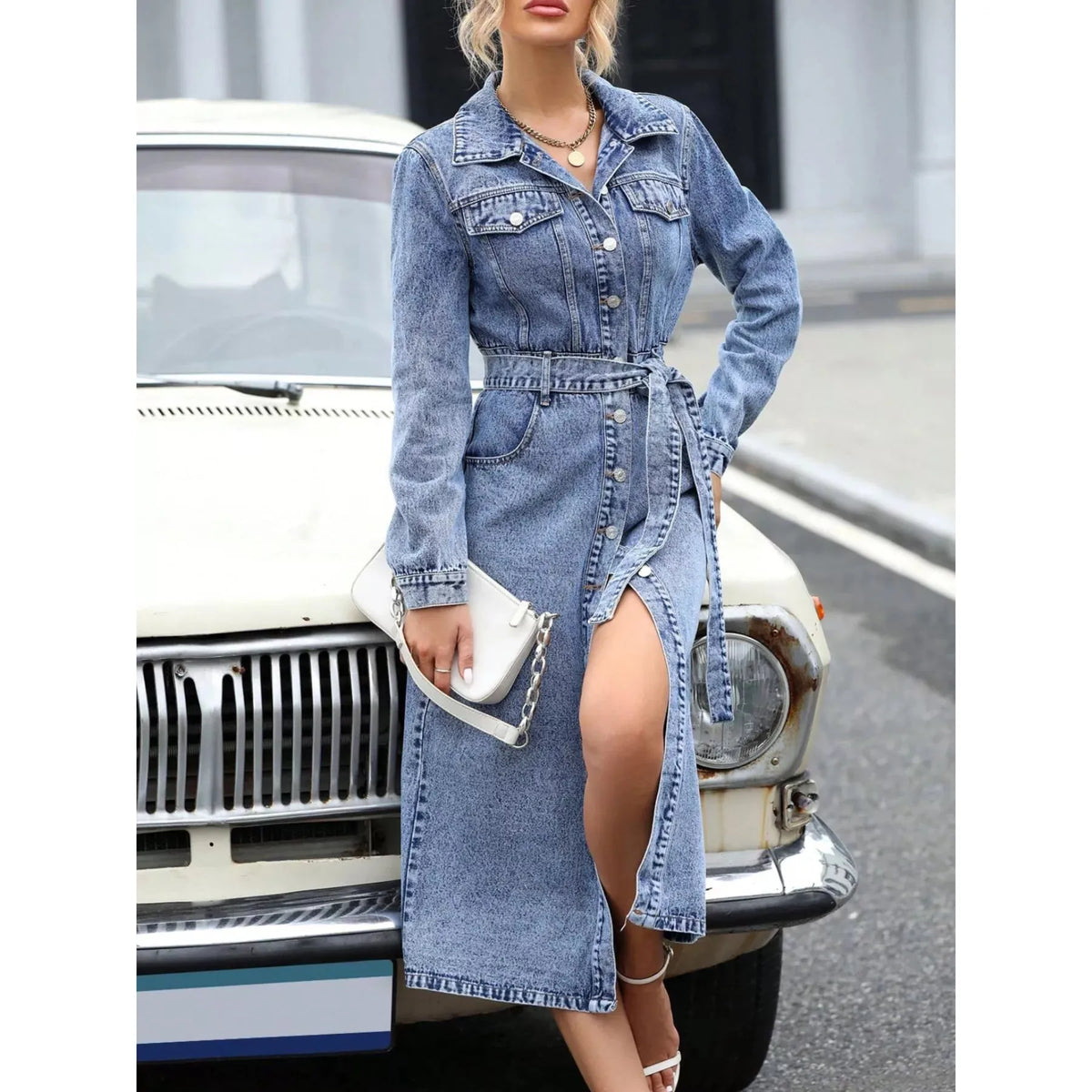 Belted Long Sleeve Denim Dress