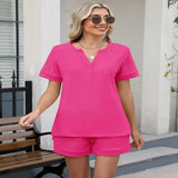Solid Color Short Sleeve Top and Shorts Two-Piece Set - Navy