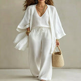 V-Neck Top & Cardigan & Pants Three-Piece Set - White