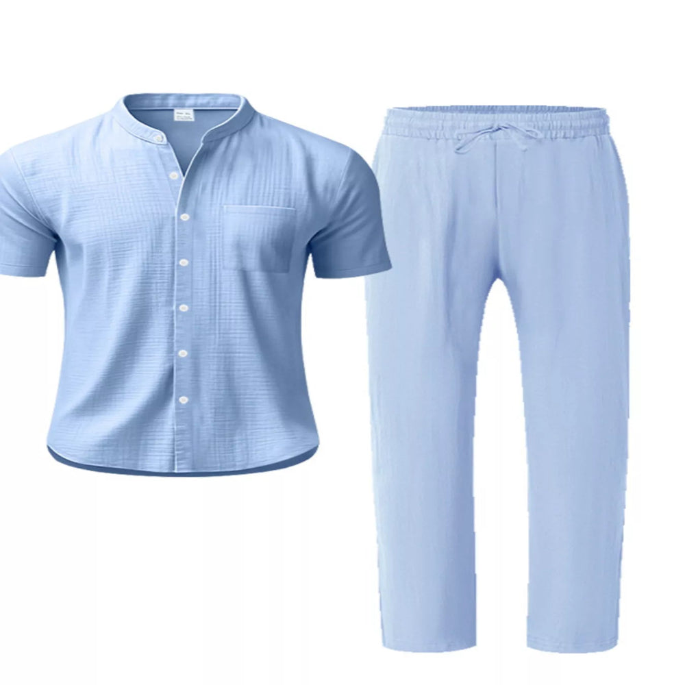 Men's Full Size Casual Button Up Short Sleeve Shirt and Pants Set Plus Size - Navy