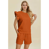 Double Take Full Size Texture Round Neck Ruffle Sleeve Top and Shorts Set - Black