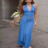Full Size Halter Neck Crop Top and Maxi Skirt Set Plus Size - White