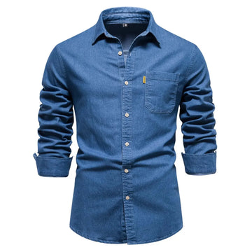 Men's Button-Down Denim Shirt with Chest Pocket - Blue