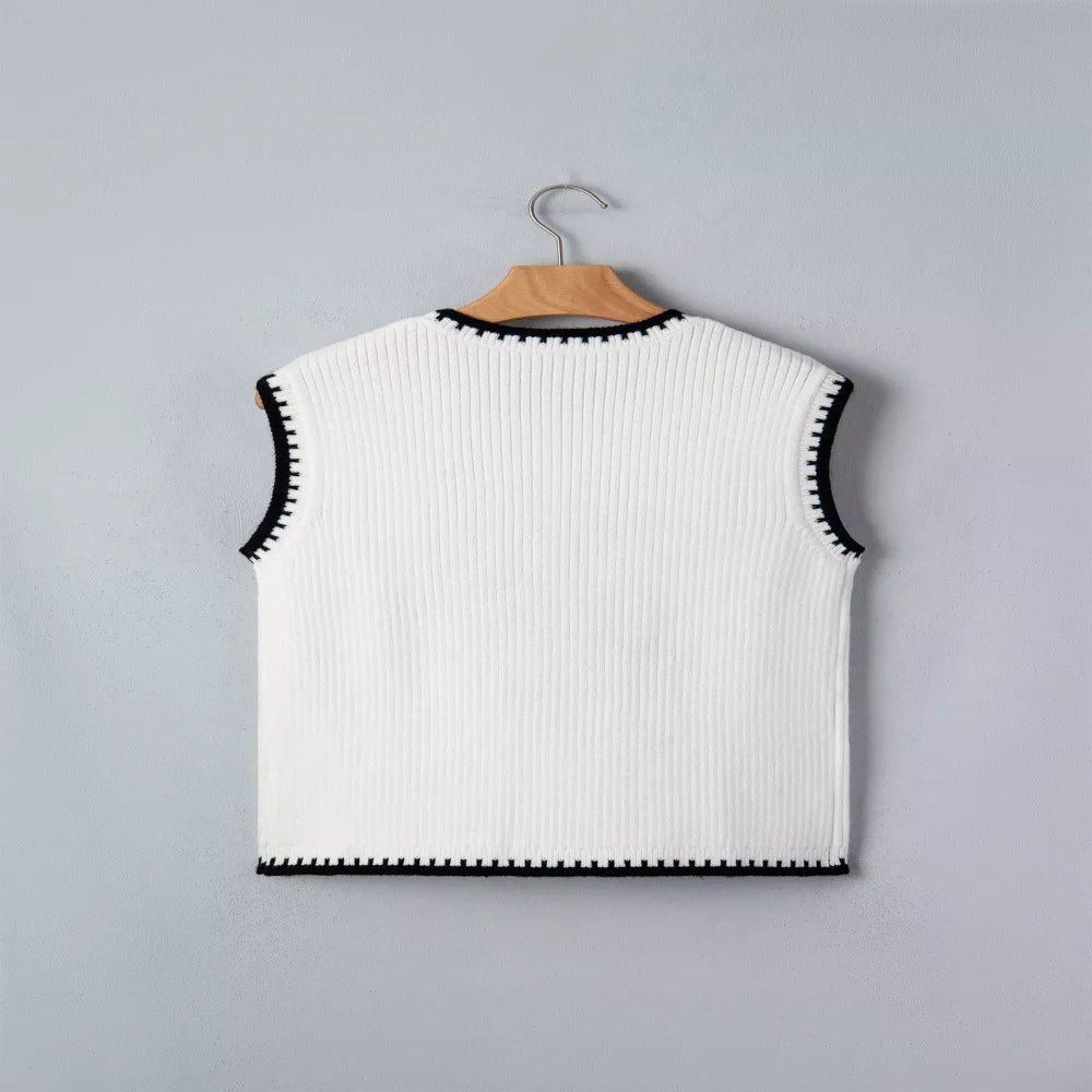 Contrast Trim Round Neck Rodeo Cowboy Sweater Vest - White