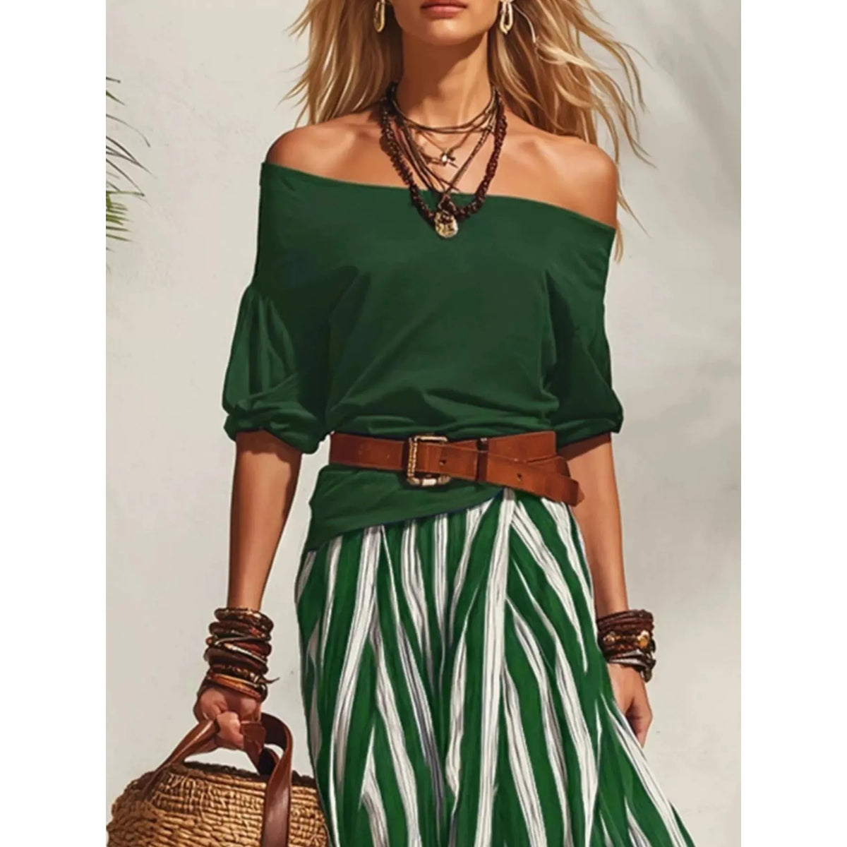 Off Shoulder Top and Striped Maxi Skirt Set - Black