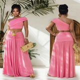One-Shoulder Top and Ruched Maxi Skirt Set - Black