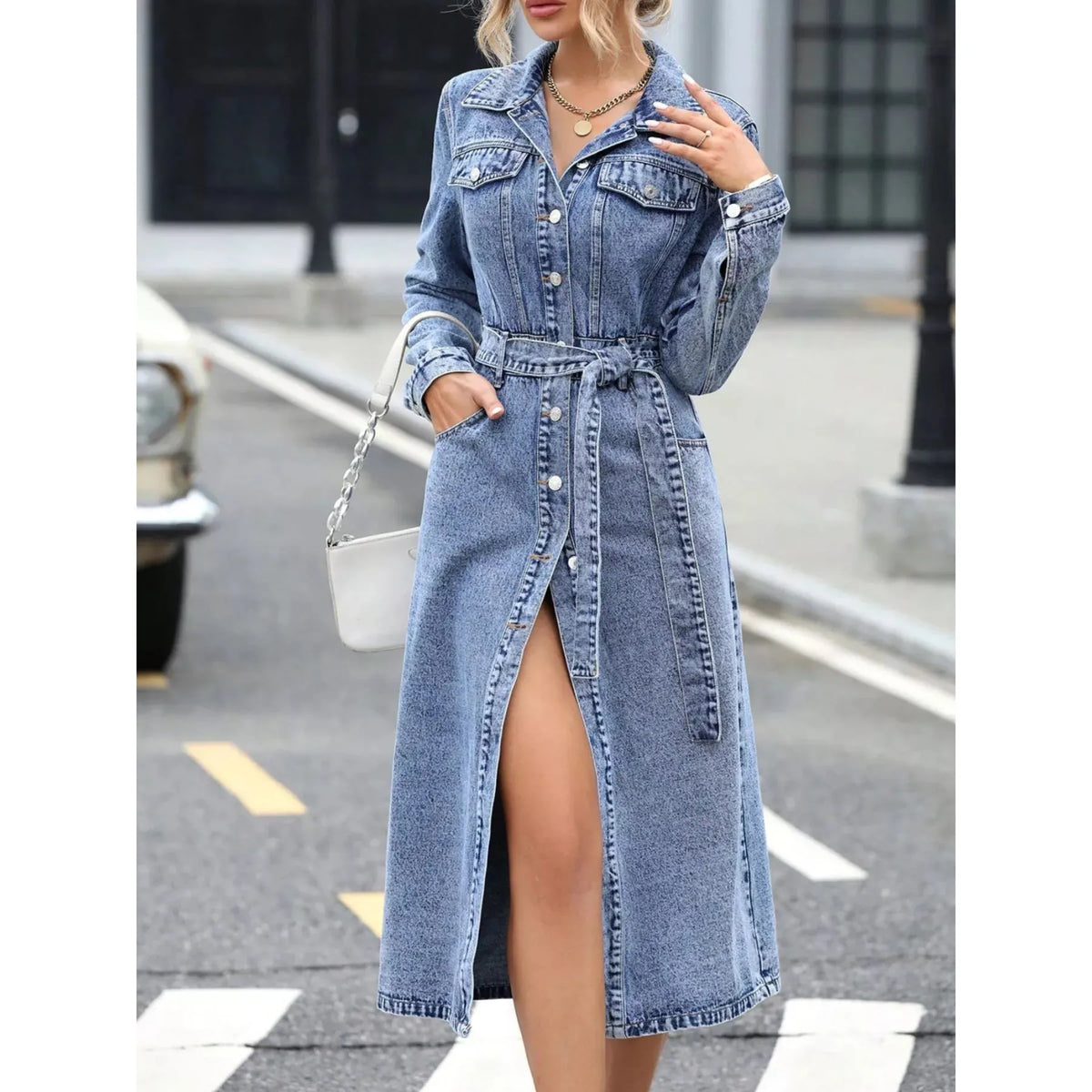 Belted Long Sleeve Denim Dress - Light Blue