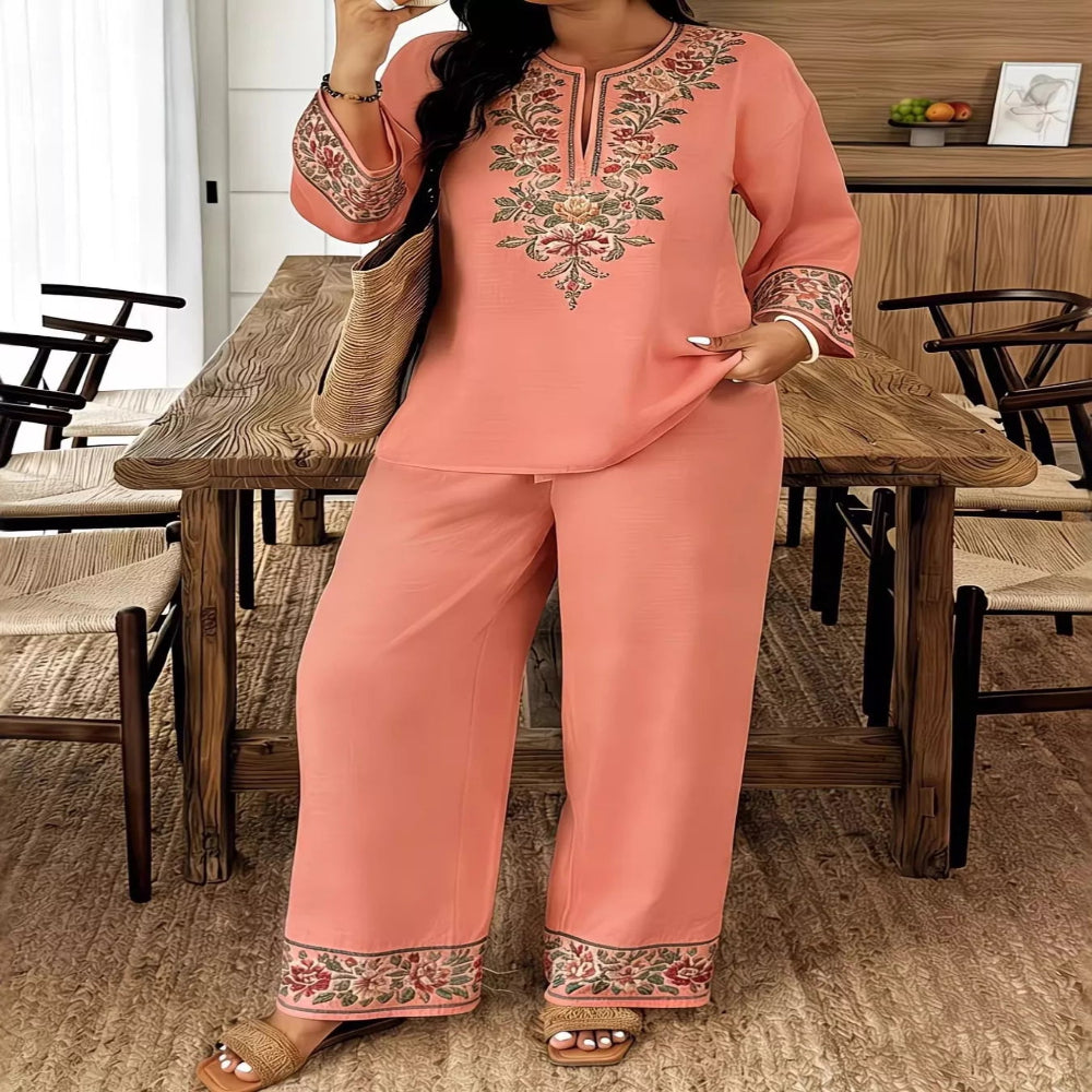 Full Size Embroidered Long Sleeve Top and Pants Set Plus Size - White