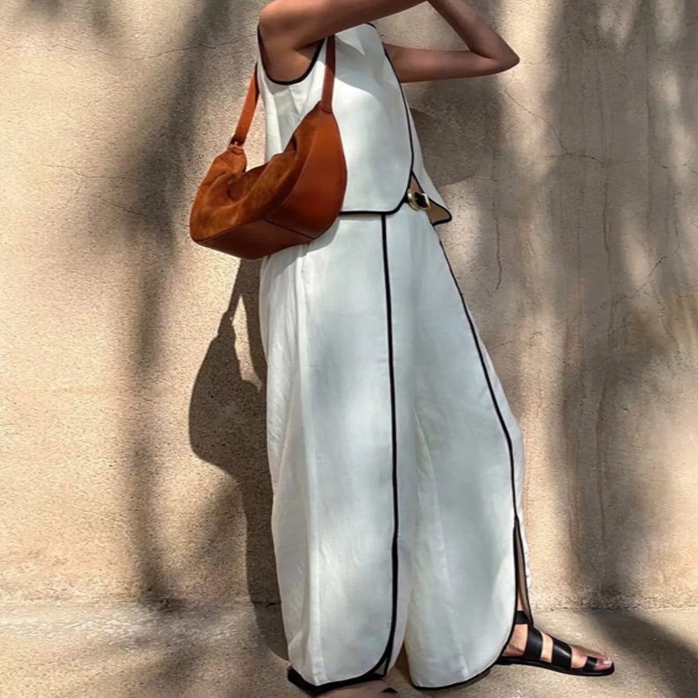 Contrast Trim Sleeveless Top and Wide-Leg Pants Set - White
