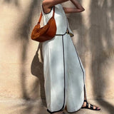 Contrast Trim Sleeveless Top and Wide-Leg Pants Set - White