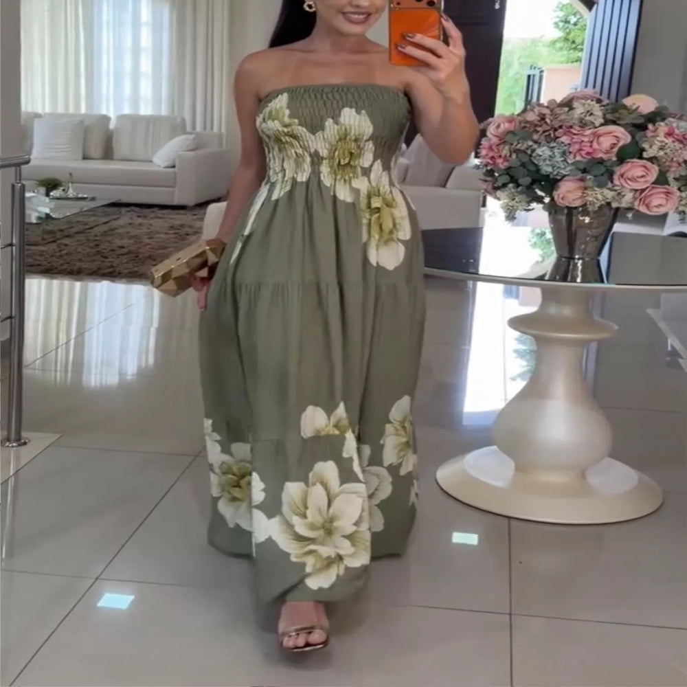 Floral Smocked Strapless Maxi Dress - Green
