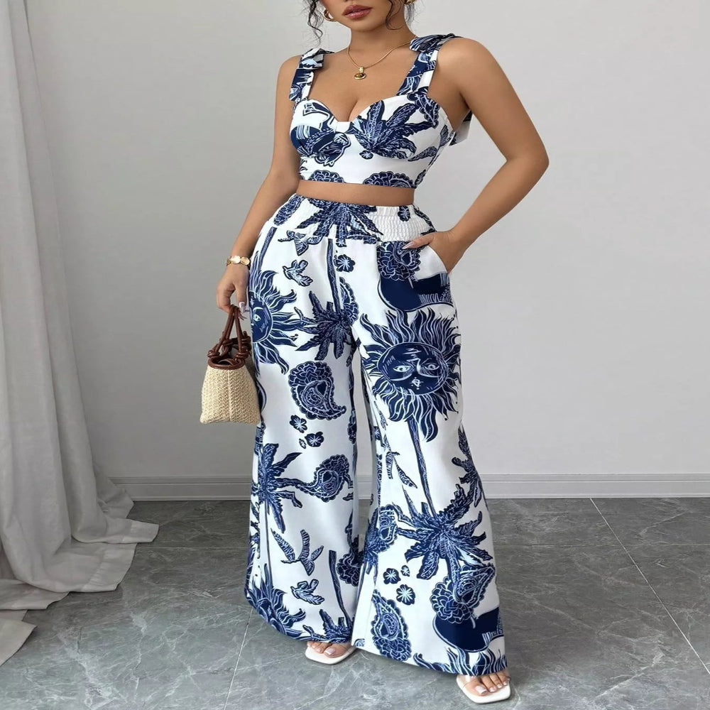 Floral Print Crop Top and Wide Leg Pants Set - Blue