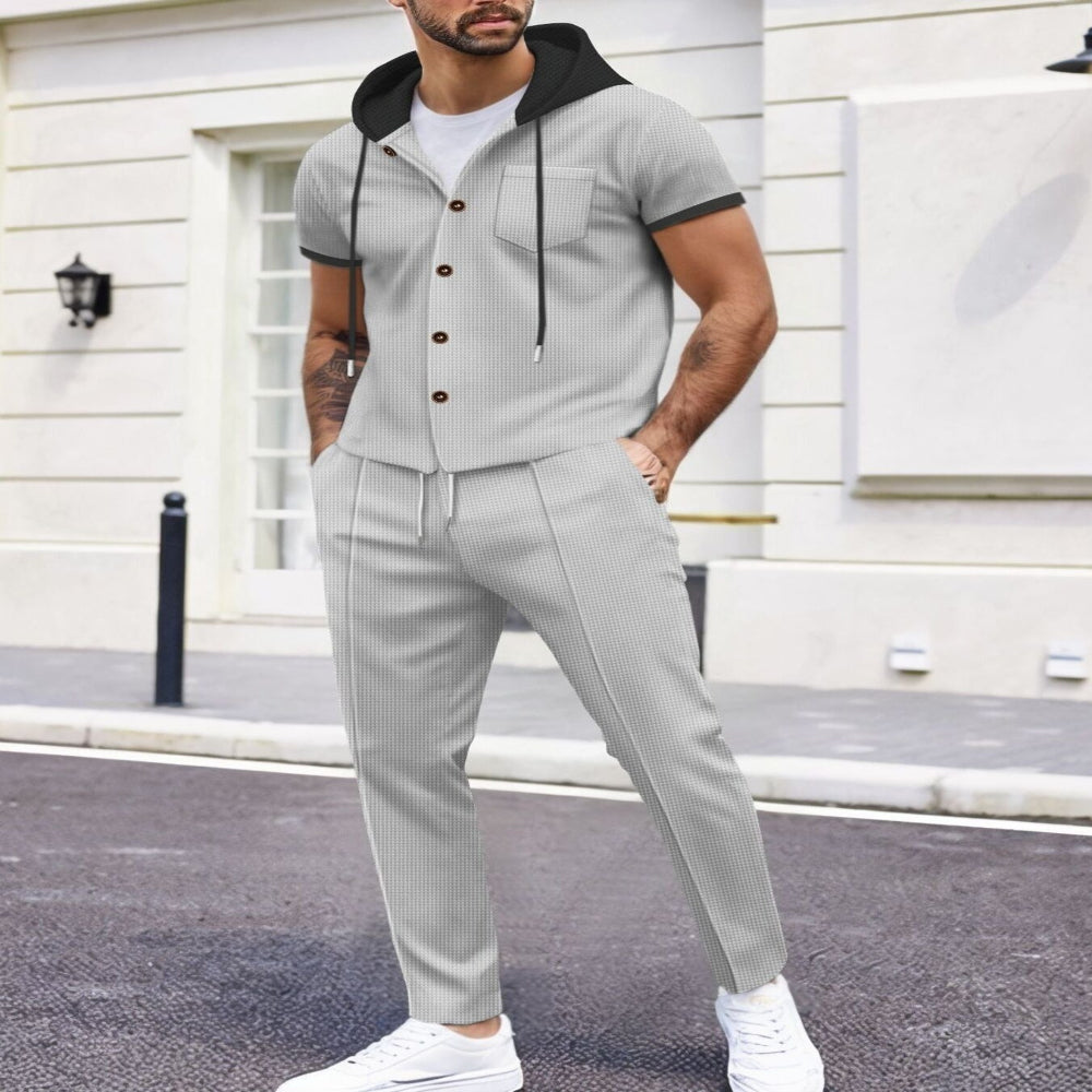 Men's Full Size Short-Sleeve Hooded Top and Shorts Set Plus Size - Black
