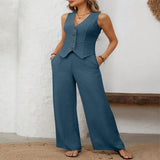 V-Neck Button Down Vest and Wide Leg Pants Set - Dust Storm