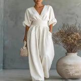 Full Size Half Sleeve Wide Leg Jumpsuit Plus Size - Light Blue