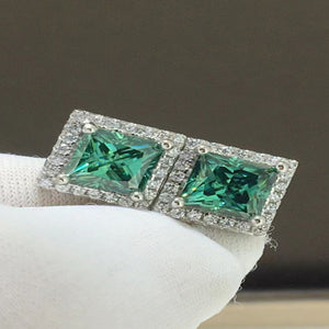 2 carat square moissanite stud earrings with brilliant sparkling gemstones.