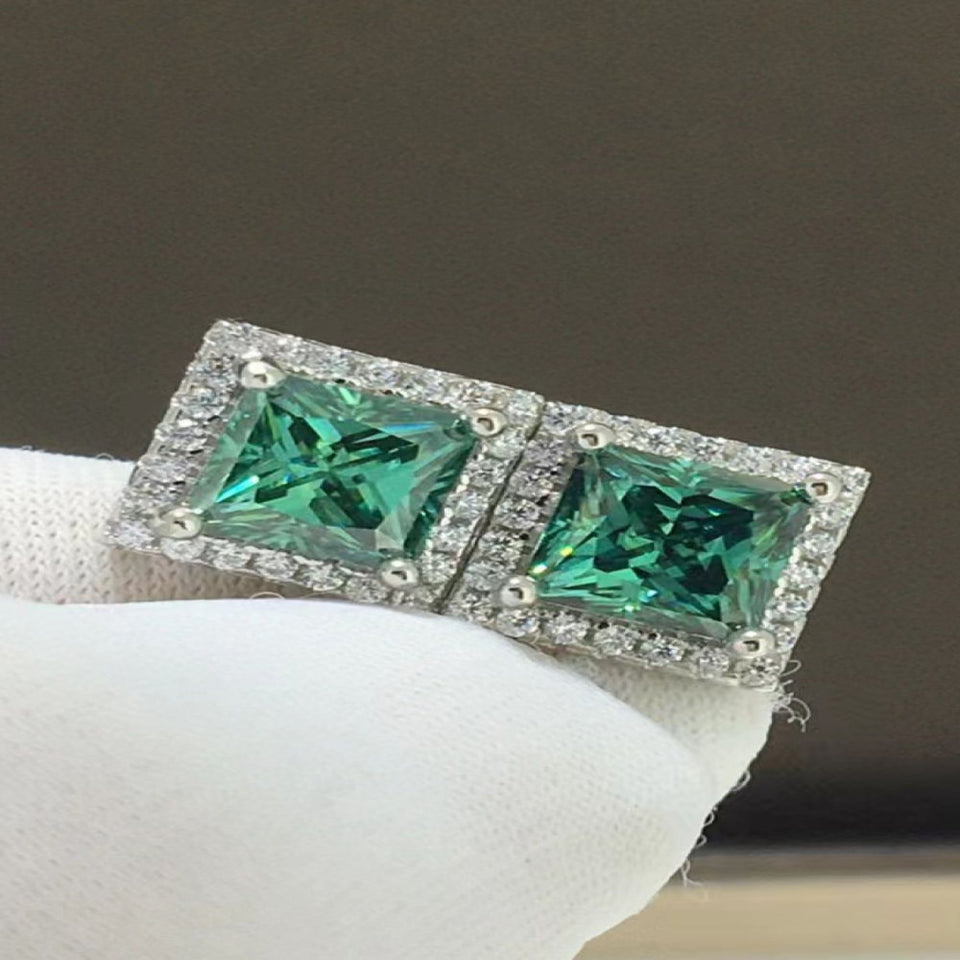 2 carat square moissanite stud earrings with brilliant sparkling gemstones.