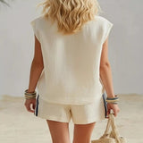 Full Size Zip Front Sleeveless Top and Striped Shorts Set Plus Size - Off-white
