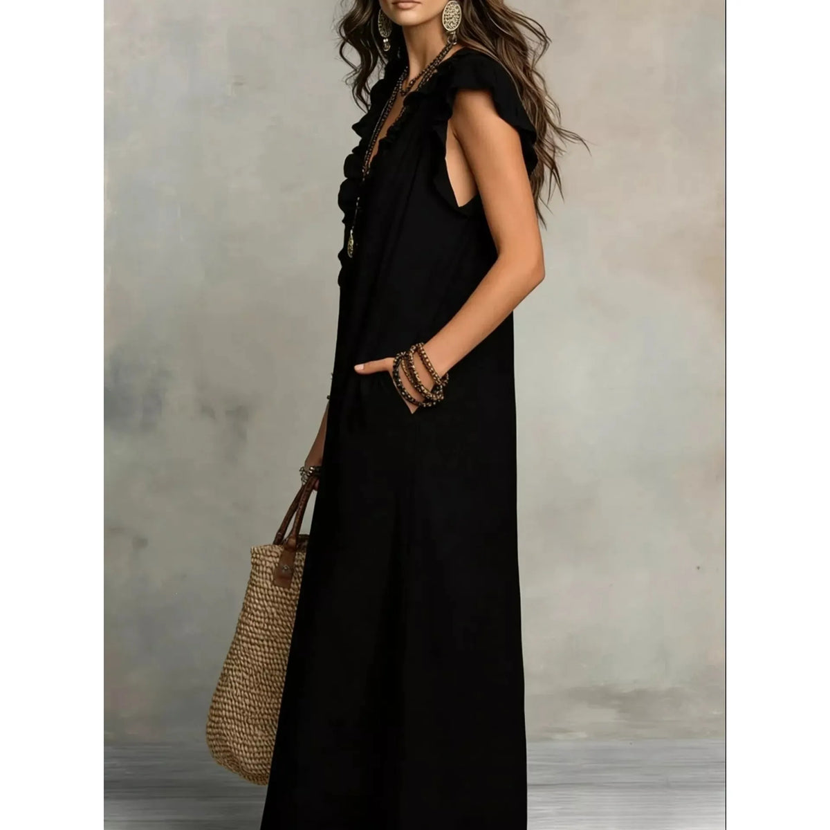 Full Size Ruffled V-Neck Cap Sleeve Maxi Dress Plus Size - Army Green
