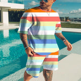 Men's Full Size Color Block Tee and Shorts Set Plus Size - Tangerine