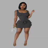 Ribbed Knit Bodysuit and Drawstring Skirt Set - Light Blue