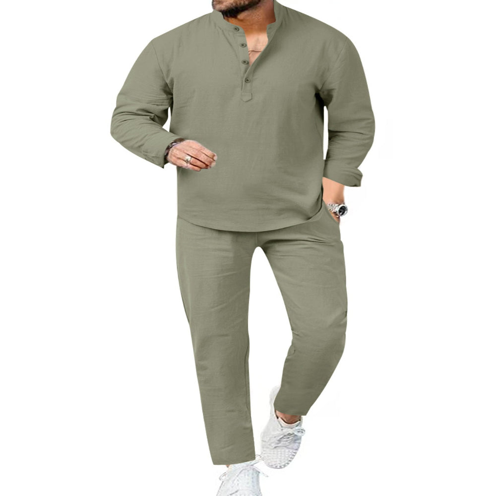 Men's Full Size Casual Long Sleeve Shirt and Pants Set Plus Size - Army Green