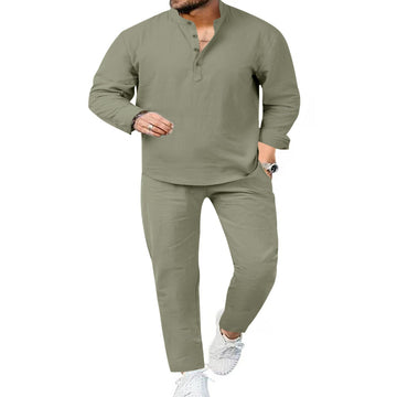 Men's Full Size Casual Long Sleeve Shirt and Pants Set Plus Size - Army Green