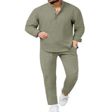Men's Full Size Casual Long Sleeve Shirt and Pants Set Plus Size - Army Green